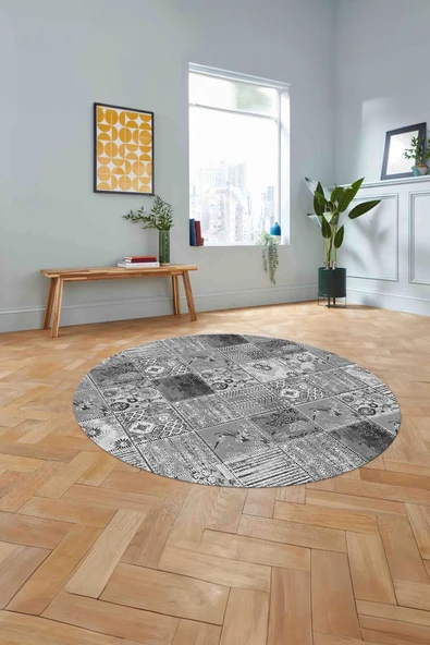 Napoli Home Baskılı Patchwork Motif Yıkanabilir Kaymaz Taban Yuvarlak Mutfak Salon Halısı ürün görseli 1
