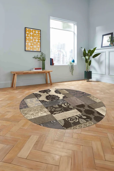 Napoli Home Baskılı Patchwork Çiçek Motifli Yıkanabilir Kaymaz Taban Yuvarlak Salon Halısı ürün görseli 1
