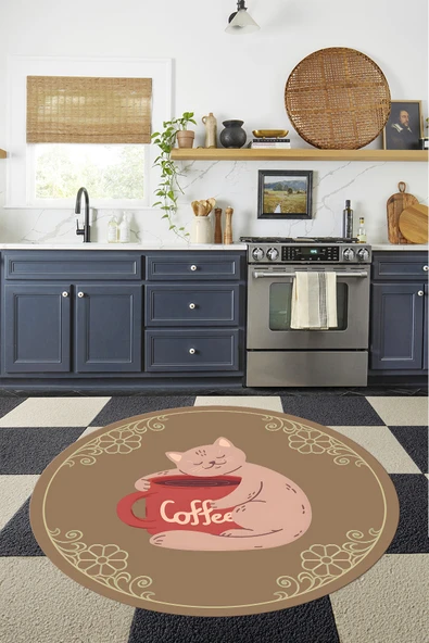 Napoli Home Baskılı Modern Kedi Motifli Yıkanabilir Kaymaz Taban Yuvarlak Salon Mutfak Halısı ürün görseli 1