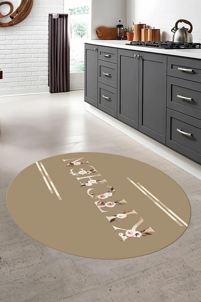 Napoli Home Baskılı Çiçek Motifli Kitchen Yazılı Yıkanabilir Kaymaz Taban Yuvarlak Mutfak Halısı ürün görseli 1