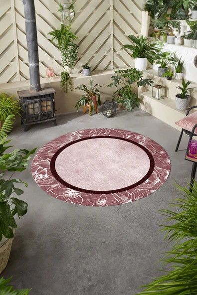 Napoli Home Baskılı Modern Çerçeveli Çiçekli Yıkanabilir Kaymaz Taban Yuvarlak Salon Halısı ürün görseli 1