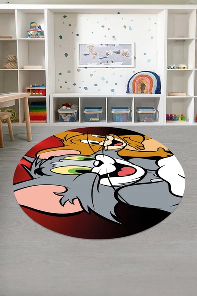 Napoli Home Baskılı Kedi ve Fare Figürlü Yıkanabilir Kaymaz Taban Yuvarlak Çocuk Odası Halısı ürün görseli 1