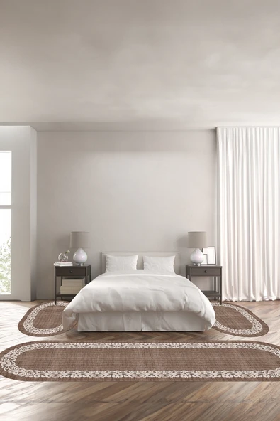Napoli Home Baskılı Kaymaz Taban Yıkanabilir Jüt Hasır Model Çerçeveli Oval Üçlü Yatak Odası ürün görseli 1