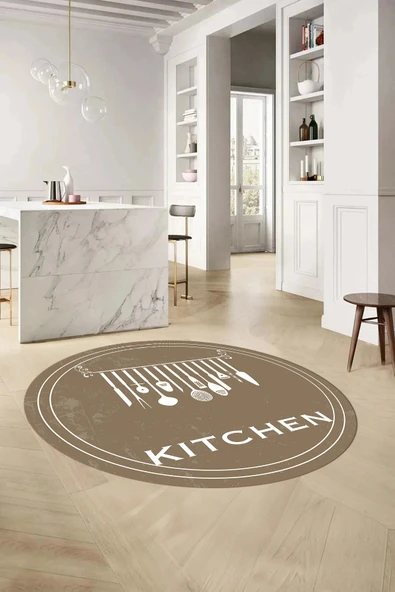 Napoli Home Baskılı Çatal Bıçak Desen Kitchen Yazılı Yıkanabilir Yuvarlak Mutfak Halısı ürün görseli 1