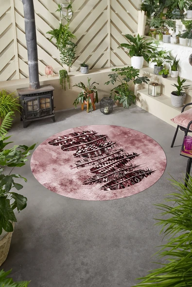 Napoli Home Baskılı Modern Kuş Tüyü Motifli Yıkanabilir Kaymaz Taban Yuvarlak Mutfak Salon Halısı ürün görseli 1