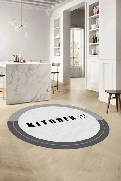 Napoli Home Baskılı Sade Kitchen Yazı Desenli Yıkanabilir Kaymaz Taban Yuvarlak Mutfak Halısı ürün görseli 1