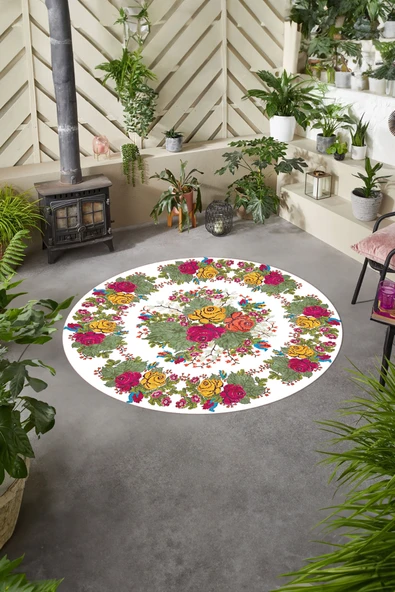 Napoli Home Baskılı Modern Çiçek Model Yıkanabilir Kaymaz Taban Yuvarlak Mutfak Salon Halısı ürün görseli 1