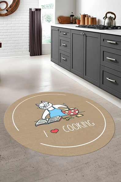 Napoli Home Baskılı Yemek Pişiren Kedi Motifli Yıkanabilir Kaymaz Taban Yuvarlak Mutfak Halısı ürün görseli 1