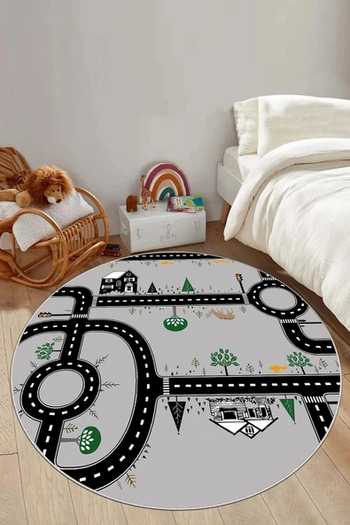 Napoli Home Baskılı Otomobil Yol Desenli Yıkanabilir Taban Yuvarlak Çocuk Odası Halısı ürün görseli 1