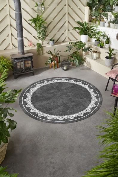 Napoli Home Baskılı Modern Çerçeve Desen Yıkanabilir Kaymaz Taban Yuvarlak Mutfak Salon Halısı ürün görseli 1