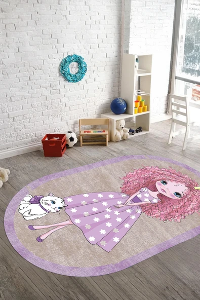 Napoli Home Baskılı Çizgi Film Kedi ve Kız Karakter Desenli Yıkanabilir Kaymaz Oval Çocuk Halısı ürün görseli 1