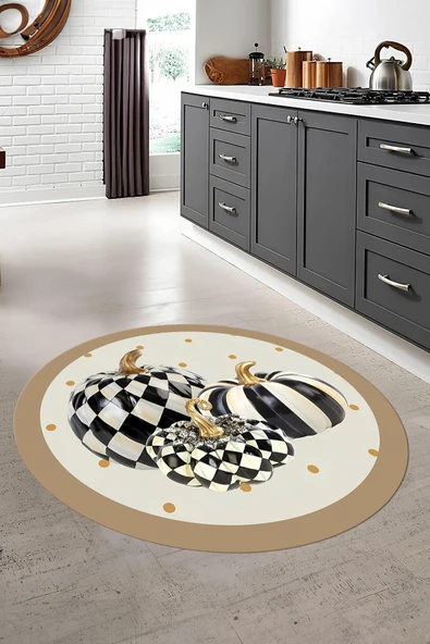 Napoli Home Baskılı Çerçeveli Kabak Motifli Yıkanabilir Kaymaz Taban Yuvarlak Salon Mutfak Halısı ürün görseli 1