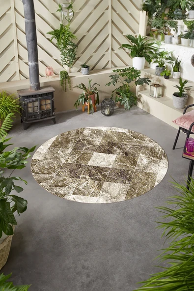Napoli Home Baskılı Modern Mermer Desenli Yıkanabilir Kaymaz Taban Yuvarlak Mutfak Salon Halısı ürün görseli 1