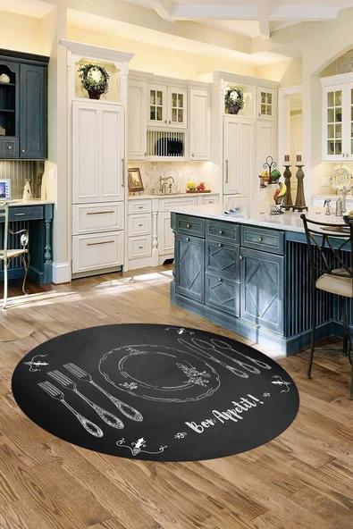 Napoli Home Baskılı Çatal Bıçak Desenli Yıkanabilir Kaymaz Yuvarlak Salon Mutfak Halısı ürün görseli 1