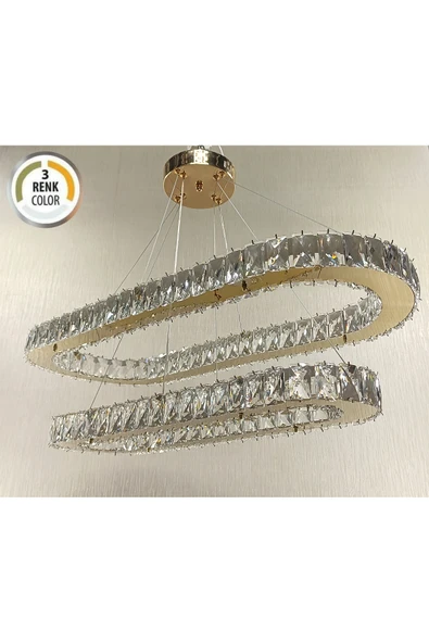 KRİSTAL TAŞLI ELİPS 3 RENK GOLD MODERN LED AVİZE ürün görseli 1