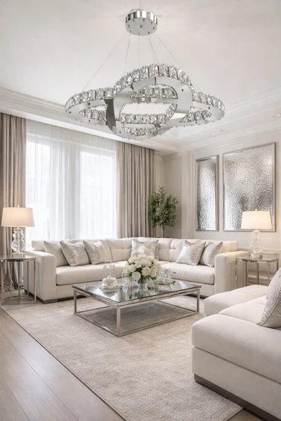 65LİK BİRLEŞİK ELİPS GÜMÜŞ KRİSTAL AVİZE ürün görseli 1