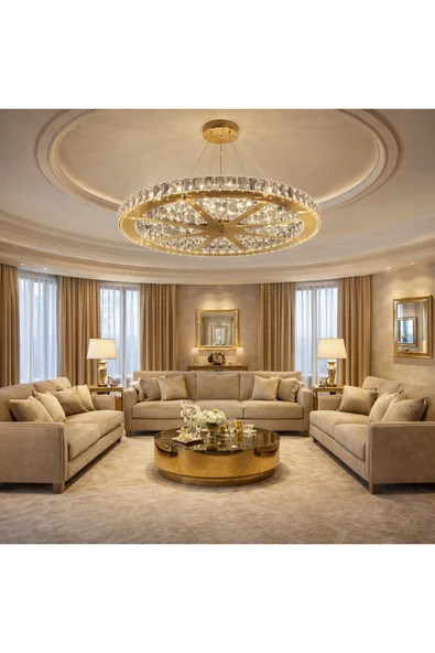 65LİK YILDIZLI DAİRE GOLD MODERN KRİSTAL AVİZE ürün görseli 1