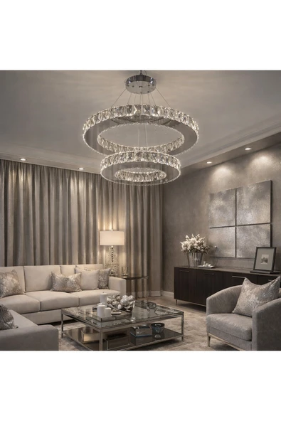45x30DAİRE GÜMÜŞ 2 KATLI KRİSTAL AVİZE ürün görseli 1