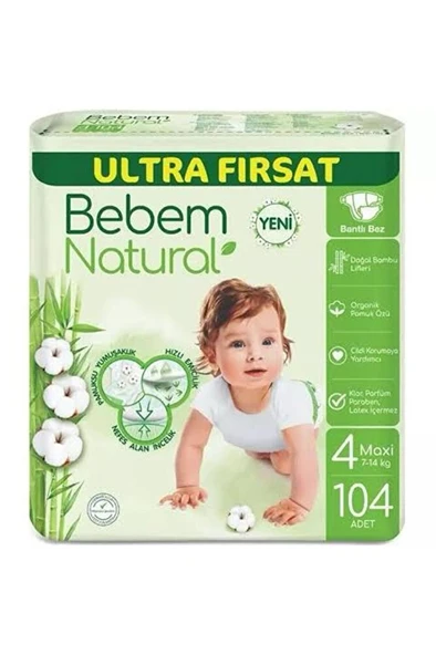 BEBEM NATURAL Ultra Fırsat Maxi 4 Numara Bebek Bezi 104 Adet 7-14 Kg ürün görseli 1