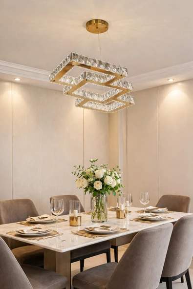 80LİK İÇ İÇE KARE YEMEK MASASI GOLD KRİSTAL AVİZE ürün görseli 1