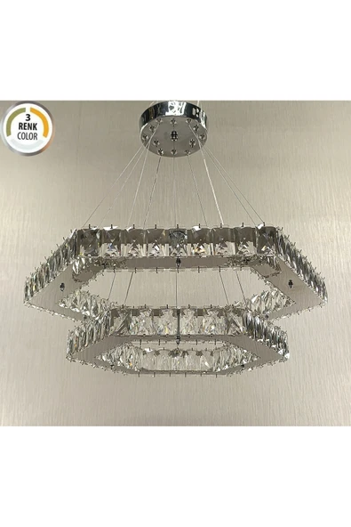 KRİSTAL TAŞLI 2Lİ ALTIGEN 3 RENK MODERN LED AVİZE ürün görseli 1