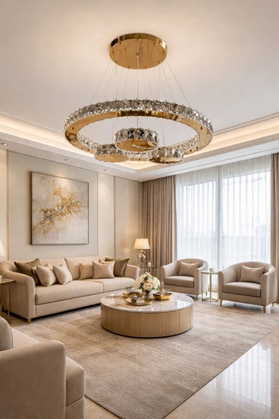 60LIK DAİRE KRİSTAL SARKITLI GOLD MODERN AVİZE ürün görseli 1