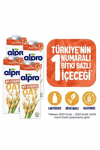 ALPRO Şekersiz Yulaf Sütü 4x1 L Vegan Laktozsuz Bitkisel Bazlı ürün görseli 1