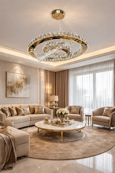 60x45x30 DAİRE 3 KATLI GOLD MODERN KRİSTAL AVİZE ürün görseli 1