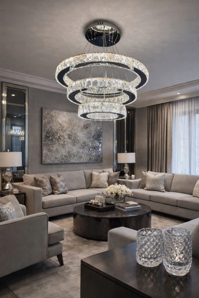 60x45x30 DAİRE GÜMÜŞ MODERN KRİSTAL AVİZE ürün görseli 1