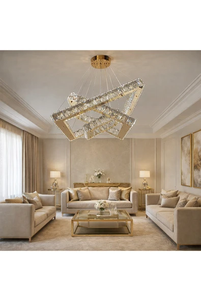 50x35x25 KARE 3 KATLI GOLD KRİSTAL AVİZE ürün görseli 1