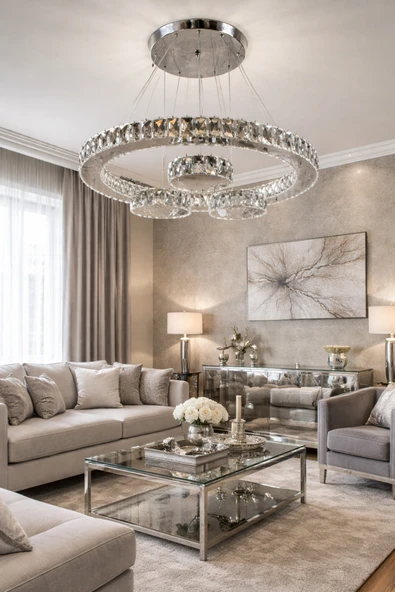 60LIK DAİRE KRİSTAL SARKITLI GÜMÜŞ MODERN AVİZE ürün görseli 1