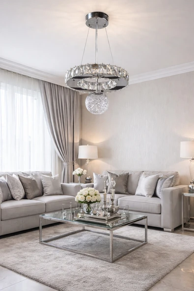 30LUK DAİRE GÜMÜŞ ŞEKER TOPLU KRİSTAL AVİZE - Resim 4
