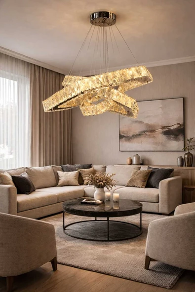60x40x25 ALTIGEN GÜMÜŞ MODERN KRİSTAL AVİZE ürün görseli 1