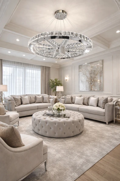 65LİK YILDIZLI DAİRE GÜMÜŞ MODERN KRİSTAL AVİZE ürün görseli 1