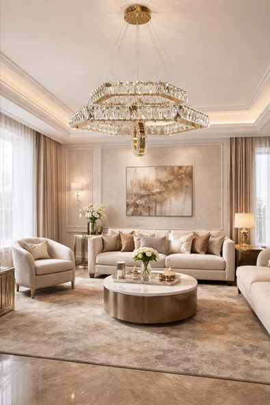 60LIK ALTIGEN GOLD 2 KATLI HALKALI KRİSTAL AVİZE ürün görseli 1