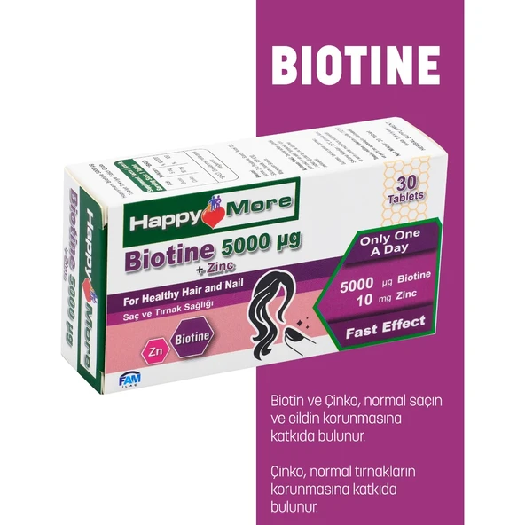 HappyMore Biotin ve Çinko içeren 30 Tablet Takviye Edici Gıda ürün görseli 1