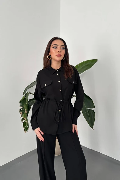 Kadın Bel Büzgülü Düğmeli Gömlek ve Bol Paça Pantolon Takım ürün görseli 1
