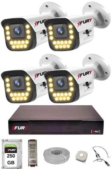 FURY 4 LÜ Sesli 15 Warm Led Gece Renkli Görüş Su Geçirmez Güvenlik Kamerası Seti 250GB ürün görseli 1