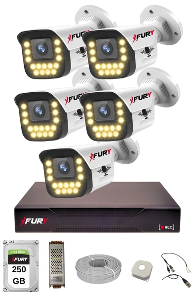 FURY 5 li Sesli 15 Warm Led Gece Renkli Görüş Su Geçirmez Güvenlik Kamerası Seti 250GB ürün görseli 1