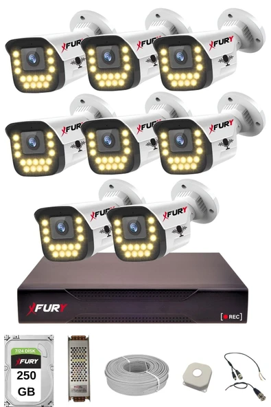 FURY 8 li Sesli 15 Warm Led Gece Renkli Görüş Su Geçirmez Güvenlik Kamerası Seti 250GB ürün görseli 1