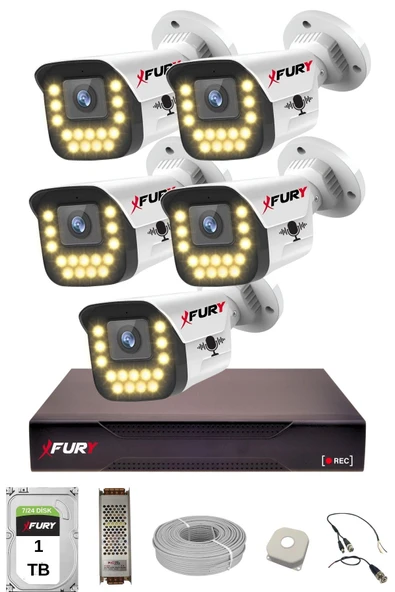 FURY 5 li Sesli 15 Warm Led Gece Renkli Görüş Su Geçirmez Güvenlik Kamerası Seti 1TB ürün görseli 1