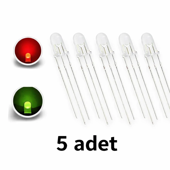 5 Adet Led 5mm Kırmızı Yeşil Ortak Katot 2 Renk Led 5mm ürün görseli 1