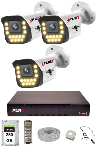 FURY 3 LÜ Sesli 15 Warm Led Gece Renkli Görüş Su Geçirmez Güvenlik Kamerası Seti 250GB ürün görseli 1