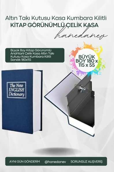 Büyük Boy Kitap Görünümlü Anahtarlı Çelik Kasa Altın Takı Kutusu Kasa Kumbara Kilitli Sandık 180x115 ürün görseli 1