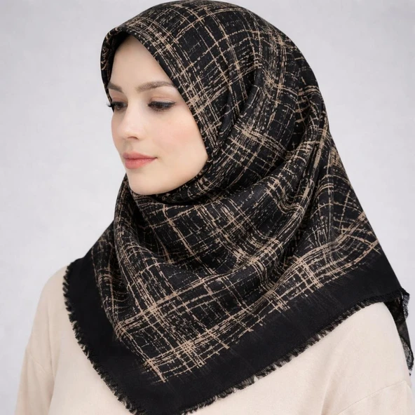 Emprime Koton Eşarp -  Siyah / Karamel-06289 - Resim 3
