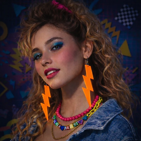80’ler 90'lar Retro Neon Turuncu Şimşek Küpe 10 cm ürün görseli 1