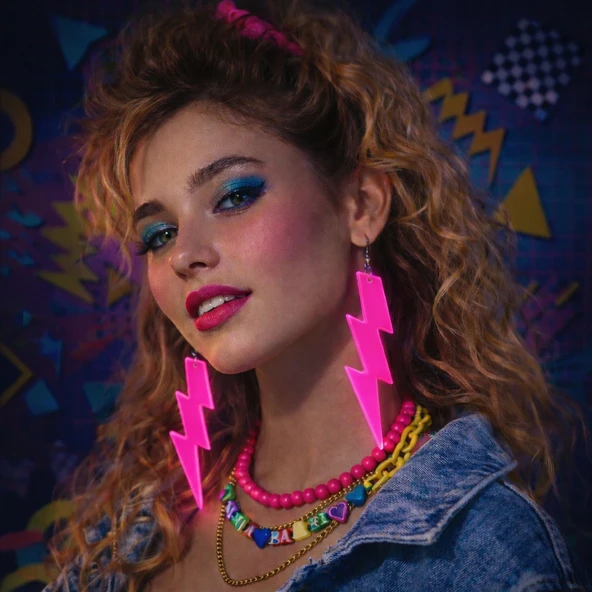 80’ler 90'lar Retro Neon Pembe Şimşek Küpe 10 cm ürün görseli 1