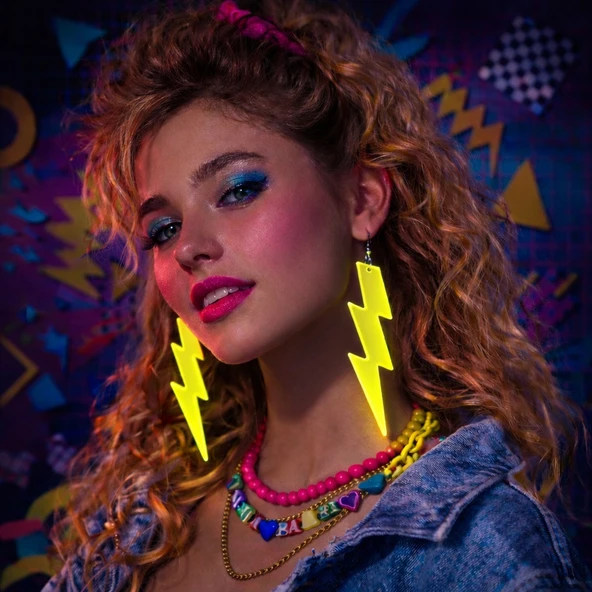 80’ler 90'lar Retro Neon Sarı Şimşek Küpe 10 cm ürün görseli 1