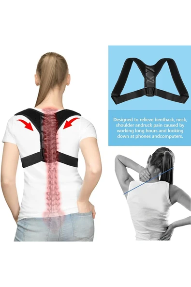 baffhome Kamburluk Önleyici Omuz Dik Duruş Korsesi Unisex Siyah Deri Desenli Kemerli Ayarlanabilir ürün görseli 1