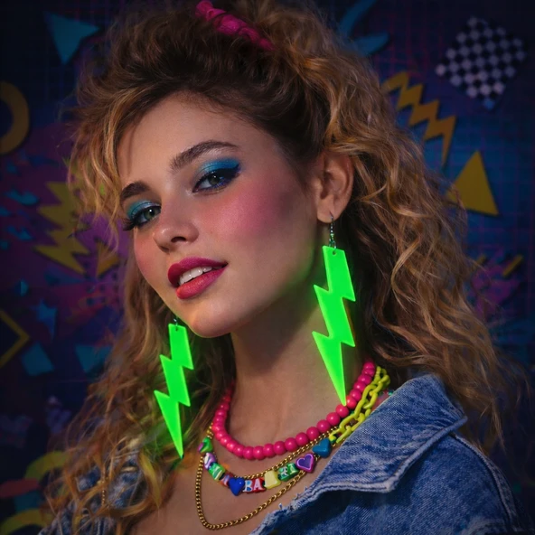 80’ler 90'lar Retro Neon Yeşil Şimşek Küpe 10 cm ürün görseli 1